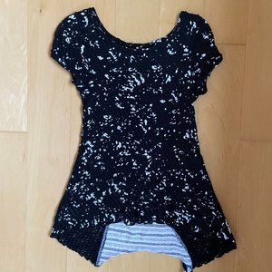 Designer black short sleeve top by Pete with hand painted design and back detail